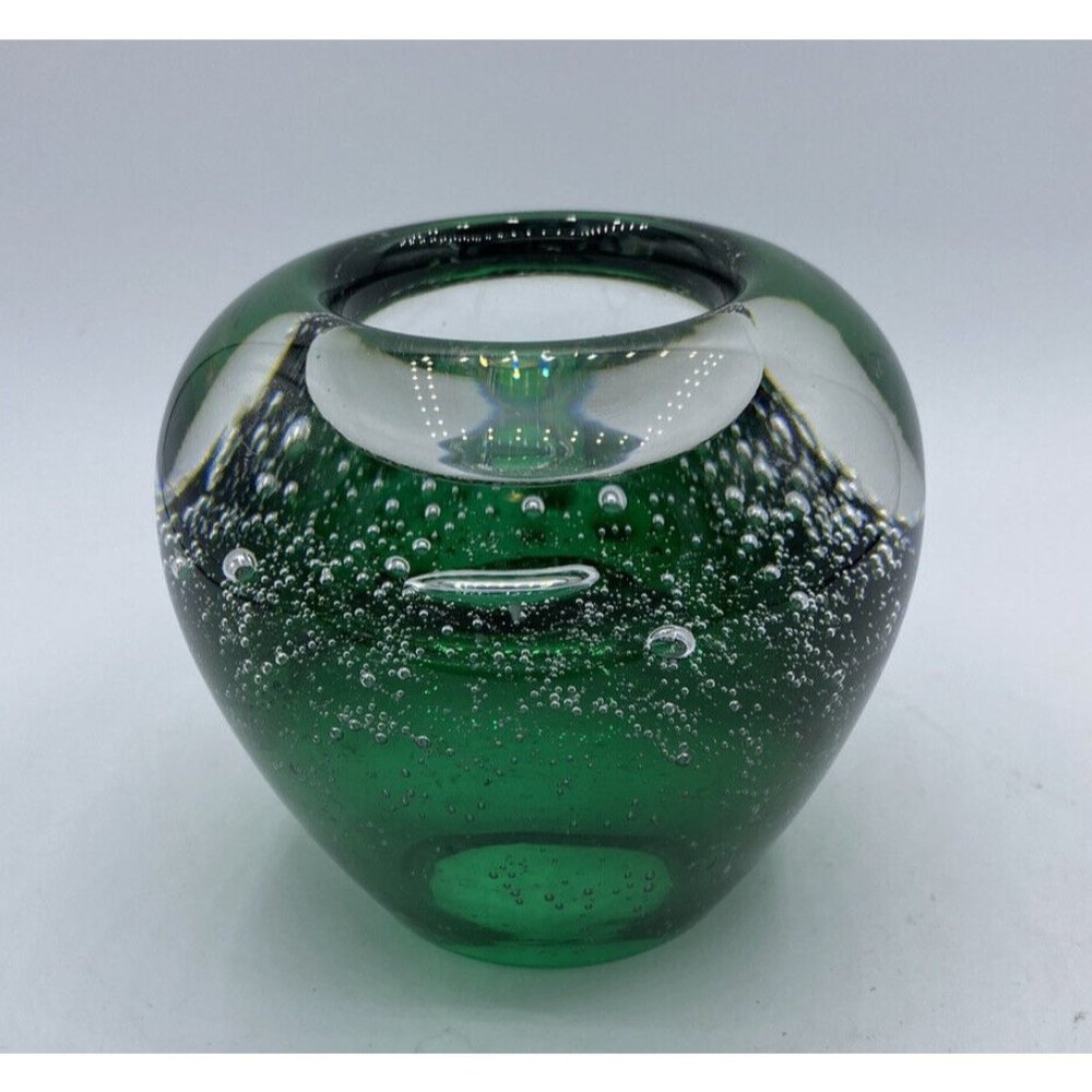 Emerald Green Tea Light Candle Holder with Bubbles Hand Blown Art Glass Paper